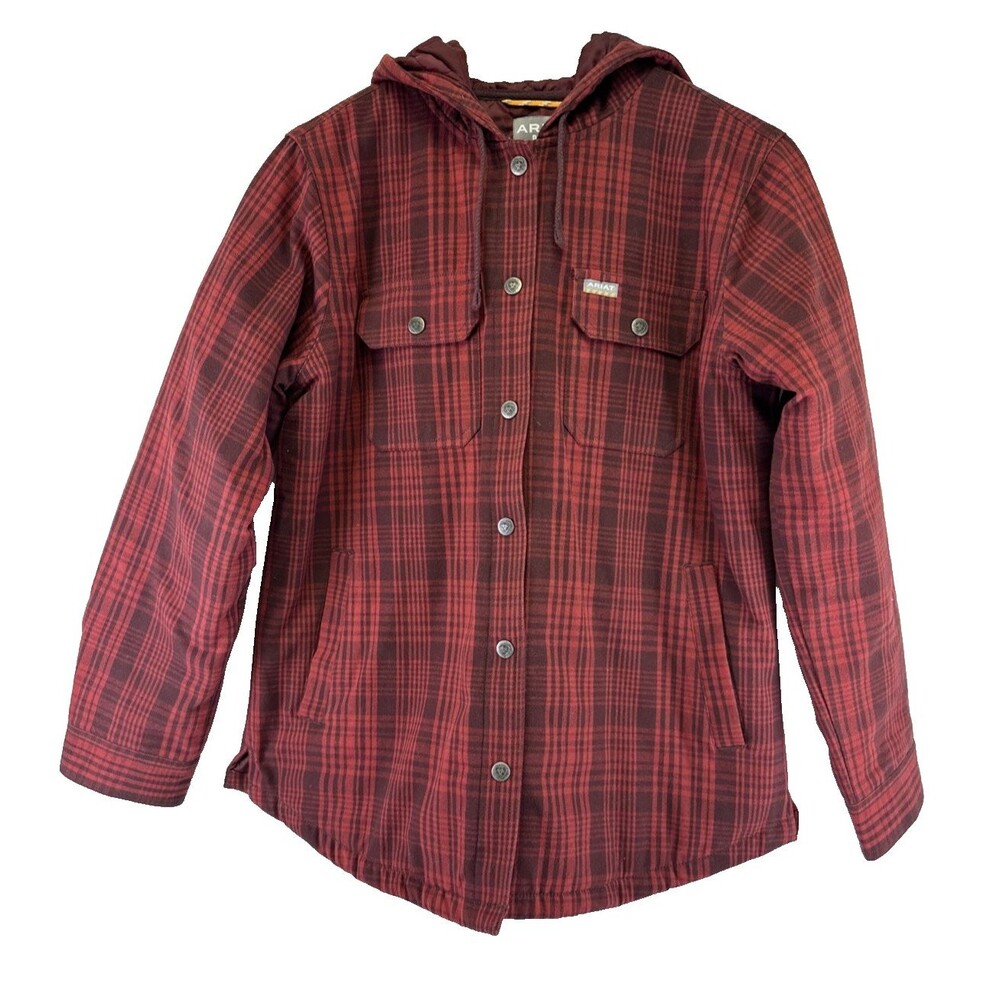 Ariat‎ Rebar Hooded Flannel Shirt Jacket Shacket Red Plaid Snap Womens Medium